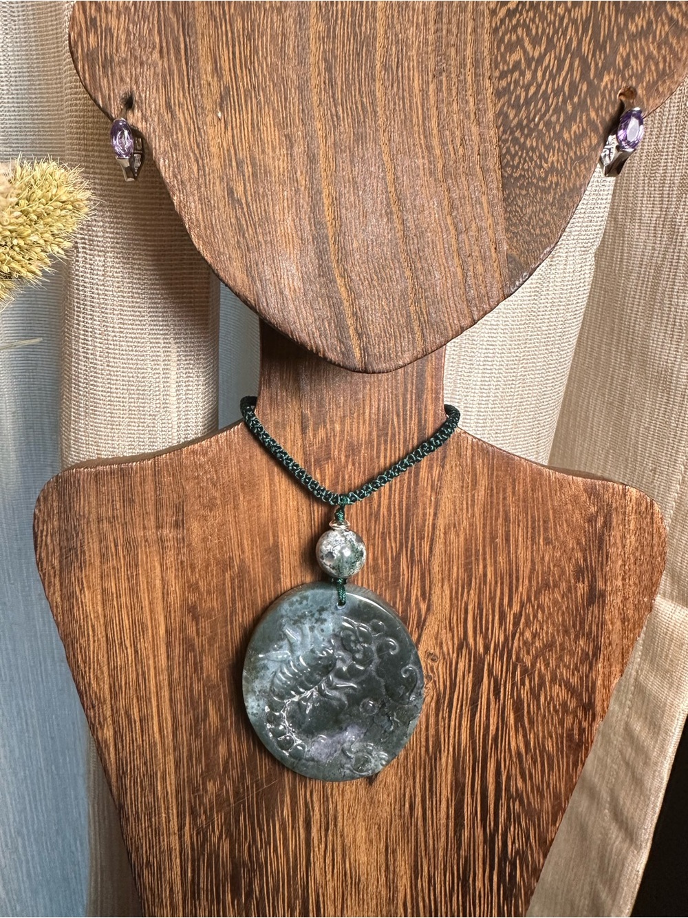 Moss Agate Scorpion Pendant Necklace on Green Rope - Picture 7 of 13